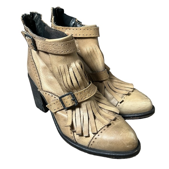 Free People | Tan leather block heel fringe boho western booties size 9 - Picture 2 of 16